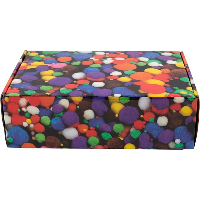 kado doos, decoratieve verpakking, multicolor kwastjes, pompons, papierdoos