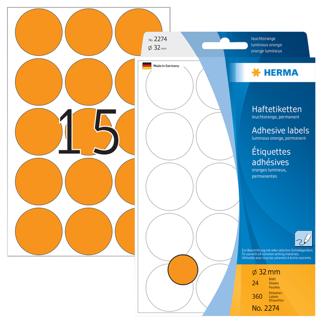 Etiket HERMA 2274 rond 32mm fluor oranje 360 stuks