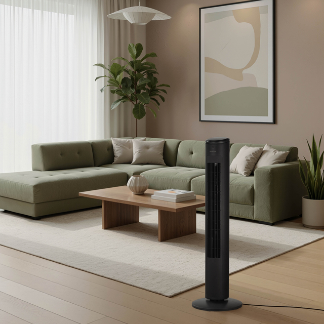 ventilator, torenventilator, zwart, woonkamer, kamerplant