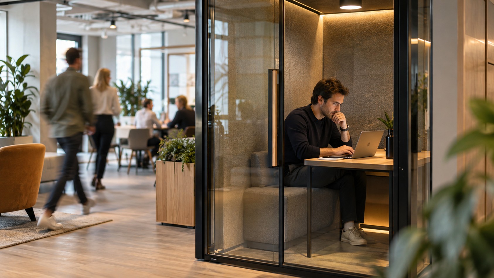 Een medewerker werkt geconcentreerd in een glazen stiltecabine om ongestoord focus te behouden tijdens een sprint.
