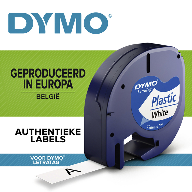 Labeltape Dymo letratag 91201 12mmx4m plastic zwart op wit