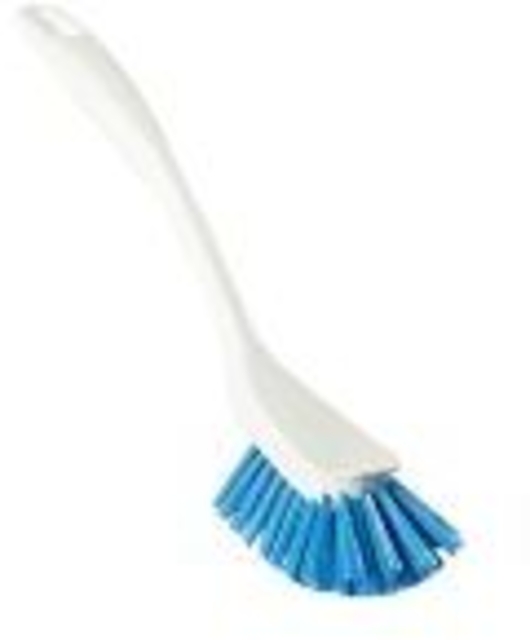scrub brush, dish brush, blue bristles, white handle, kitchen tool