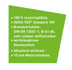 Overzicht van de technische eigenschappen van het BLOOM PET-vlies, zoals brandveiligheid, materiaaldikte en 100% recyclebaarheid.