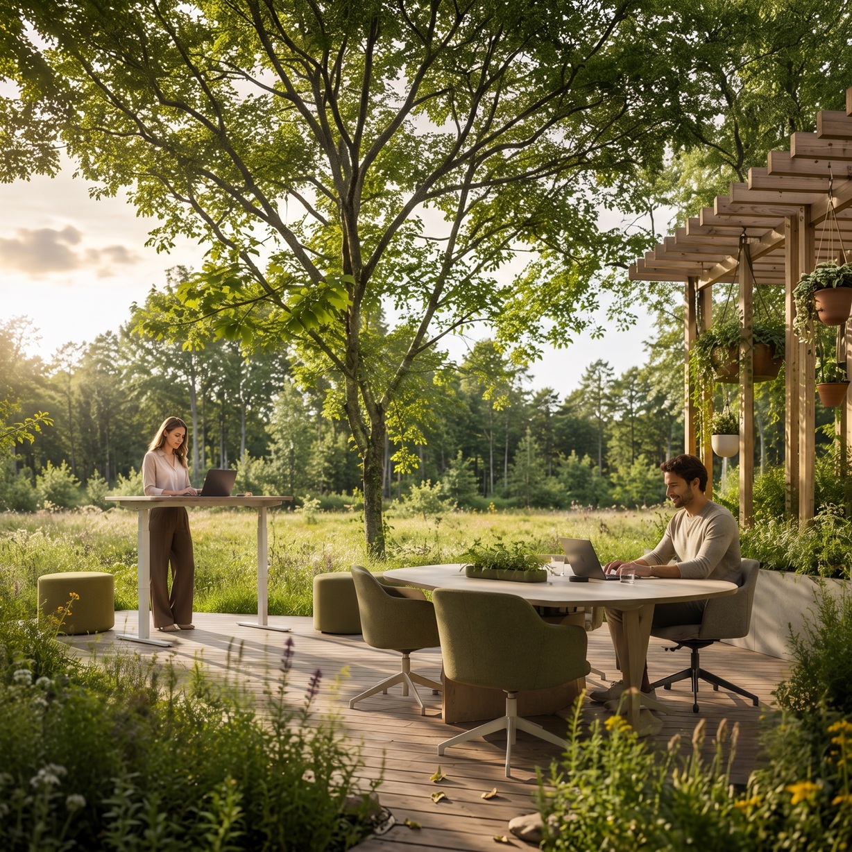 outdoor office, tafel, laptop, stoelen, groen
