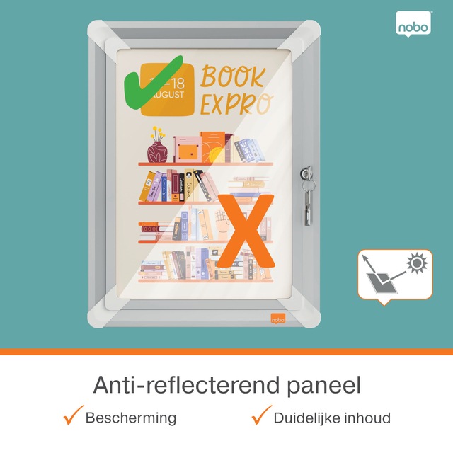 anti-reflecterend paneel, boekenplank poster, paneelinklep, boekexpo, noodslot