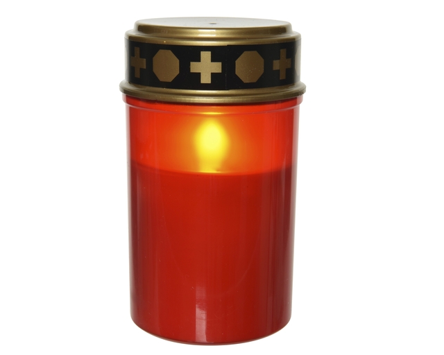 grafkaars, ledkaars, rood kunststof, goudkleurige deksel, flikkerlicht