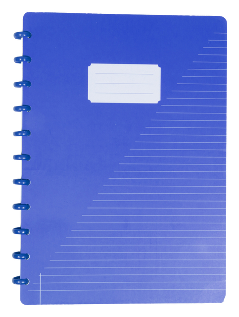agende notebook, blauw notitieboek, ringband, lijnen patroon, klare label