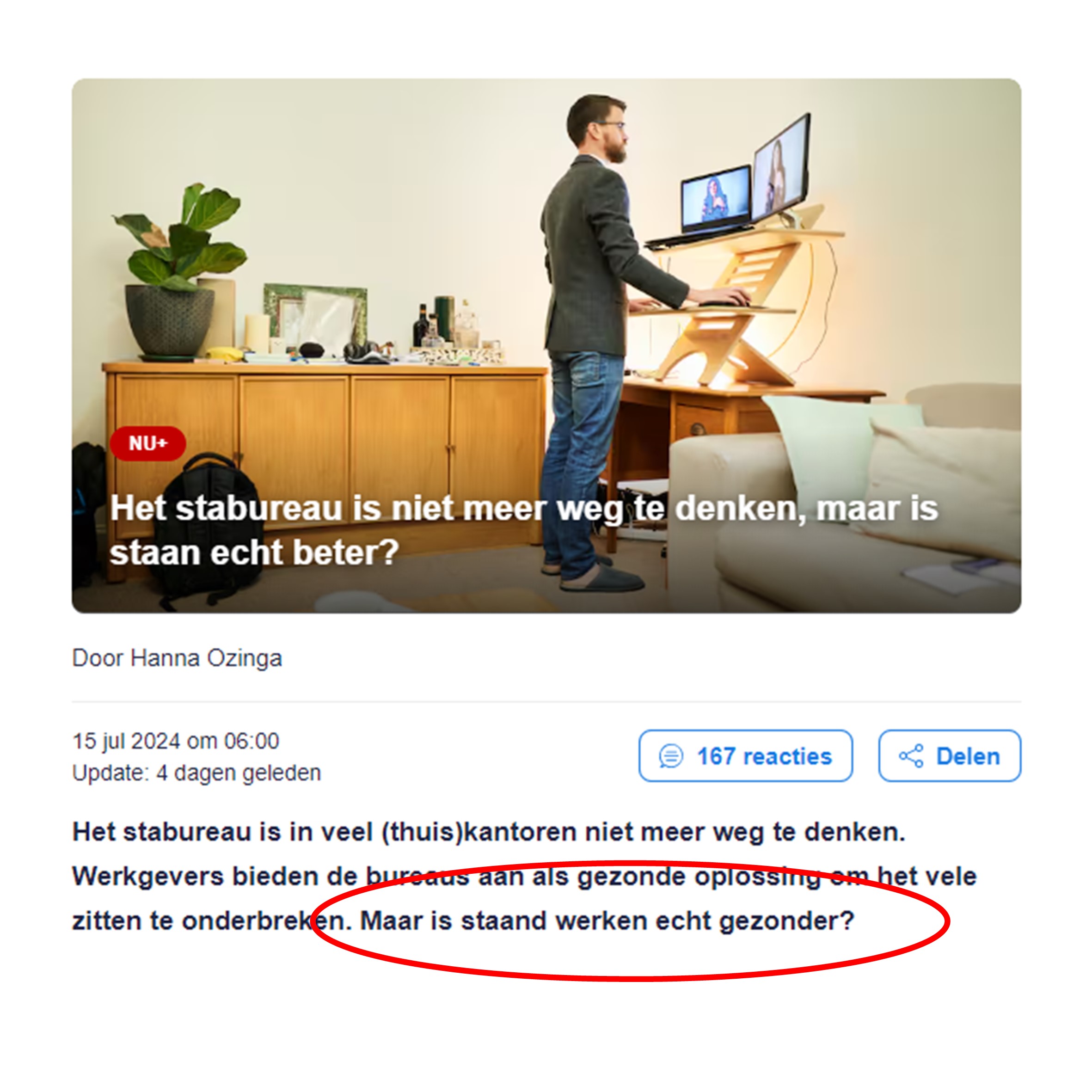Alleen staand werken is ook ongezond: Een aanvulling op het artikel van nu.nl Alleen staand werken is ook ongezond: Een aanvulling op het artikel van nu.nl