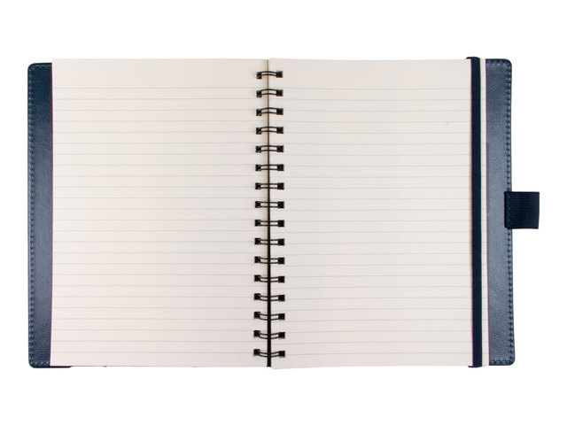 notebook, spiral-bound, lined pages, blue cover,  detachable strap