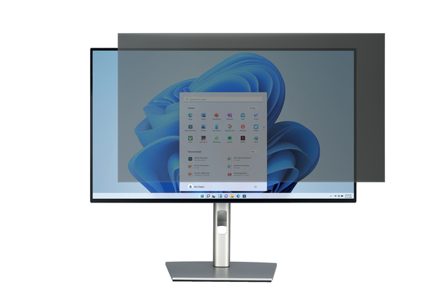 computermonitor, privacyfilter, breedbeeldscherm, zwarte rand, zilverkleurige standaard