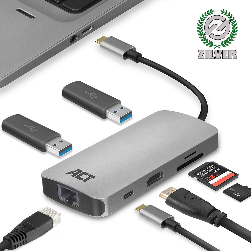 
ACT USB-C docking station voor 1 HDMI monitor, ethernet, USB-A, kaartlezer, PD pass-through
      