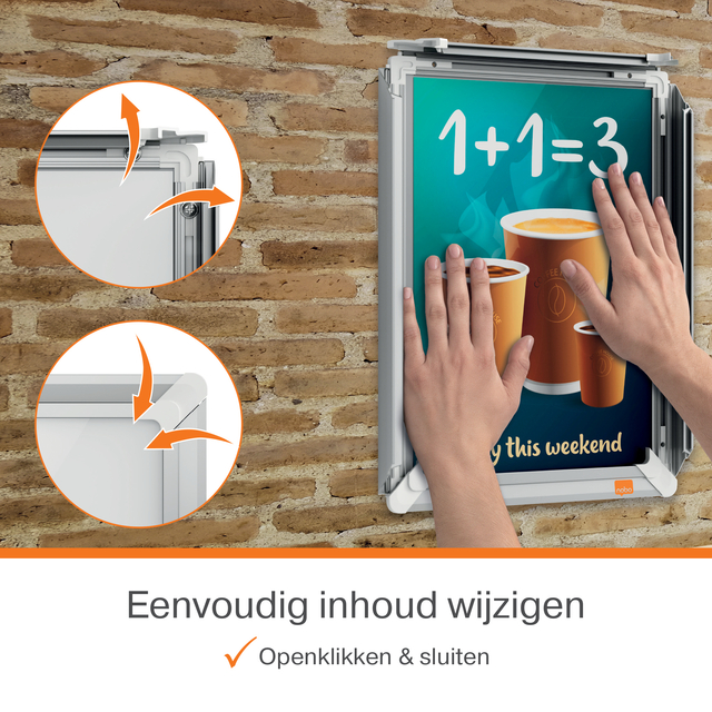 eenvoudige montage, inkeping montage, opening display, terugklappende beugel, 15 inch posterhouder