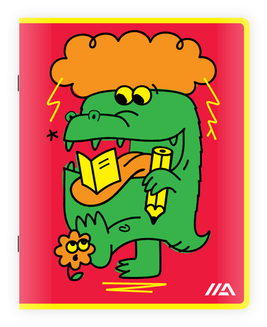 kind, notebook, cartoon, green alligator, orange hair