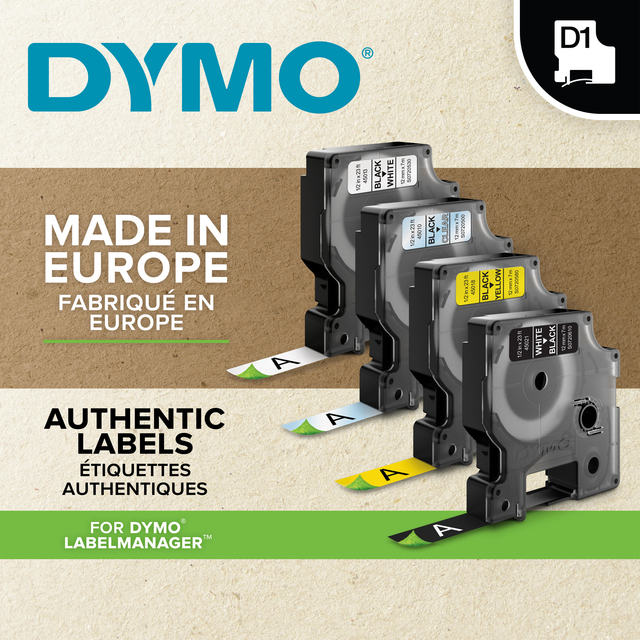 Labeltape Dymo D1 45013 12mmx7m polyester zwart op wit doos à 10 stuks